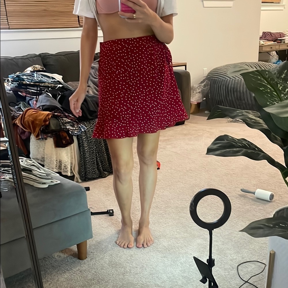 SHEIN Red and White Polka Dot Wrap Mini Skirt